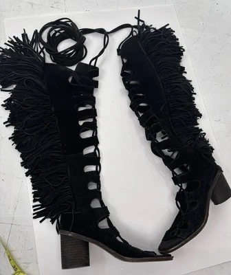 Женские сапоги до колена на шнуровке с черной бахромой Jeffrey Campbell размер 10 Festival Boho - Изображение 1 из 4