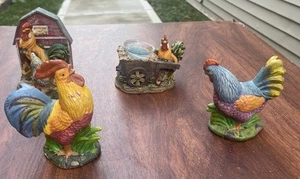 CHICKEN FIGURINES HEN ROOSTER BARN CART VOTIVE HOLDER - Picture 1 of 12