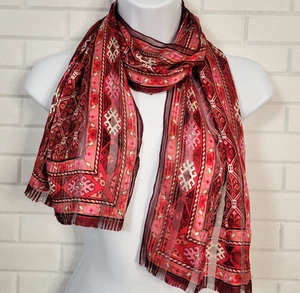 Vintage Oscar De La Renta Kilim Pattern Pink and Red Silk Long Scarf Boho - Picture 1 of 6