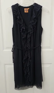 Tory Burch Dressy Navy Blue Sleeveless Silk Dress Ruffled Neckline Size 8 - Picture 1 of 5