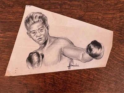 Винтажная чернильная ручка для иллюстраций 1960-х годов с подписью молодого боксера 8 x 11 - Изображение 1 из 4