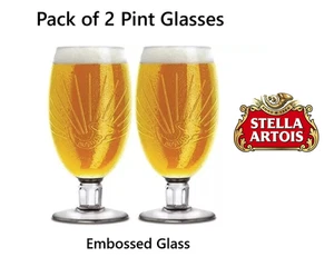 2x Stella Brasserie Artois One Pint Beer Chalice Glass Embossed Stella glass - Picture 1 of 10