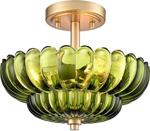 Green Glass 3-Light Modern Vintage Gold Base Semi Flush Mount Ceiling Lights - Picture 1 of 8