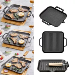 Cast Iron Griddle Frying Pan Grill Non-Stick Skillet Cooking Fry Rectangle Steak - Picture 1 of 30