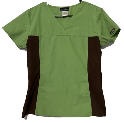 Cherokee Flexibles Scrub Top Women Sz Small Green with Brown Stretch Side Panels - Image 1 of 4