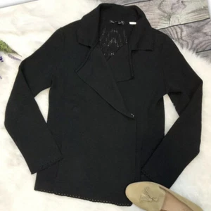 Eileen Fisher Black Collared Knit Jacket Size Small Crochet Back Asymmetrical - Bild 1 von 8