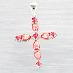 Gothic Cross Simulated Ruby Red Fire Opal Silver Filled Jewelry Necklace Pendant - Picture 1 of 6