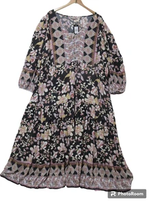 NEW Sz 26/28 Avenue ELOUISE Black Pink Peasant Boho Plus Maxi Dress Tiered NWT - Picture 1 of 14