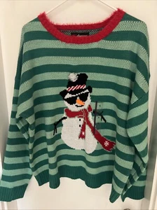 NWT 33 Degrees Women's Size XL Sweater Green Striped Snowman Ugly Christmas - Picture 1 of 4