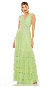 Mac Duggal Dress Gown Size 2 Line Green Beaded Sequin V Neck Tiered 5783 $698 - Picture 1 of 16