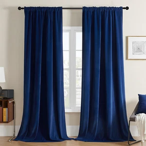 Blue Velvet Curtains 72 Inch Length 2 Panels Burg Set, Luxury Rod Pocket Thermal - Picture 1 of 8