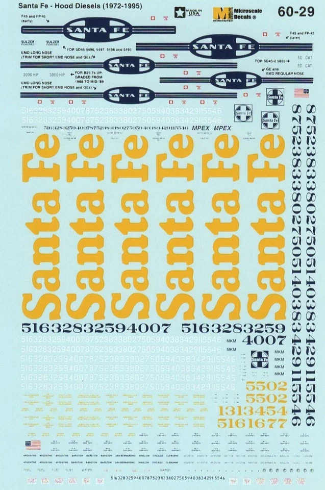 Microscale 60-29 N Santa Fe Hood/Cowl Diesel Locomotive Logos Numbers Decals - Image 1 of 1