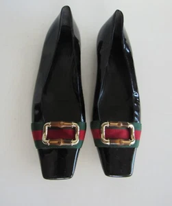 Gucci Vintage Women’s Black Patent leather Web Stripe Flats Sz 9.5 US-40 EU - Picture 1 of 10
