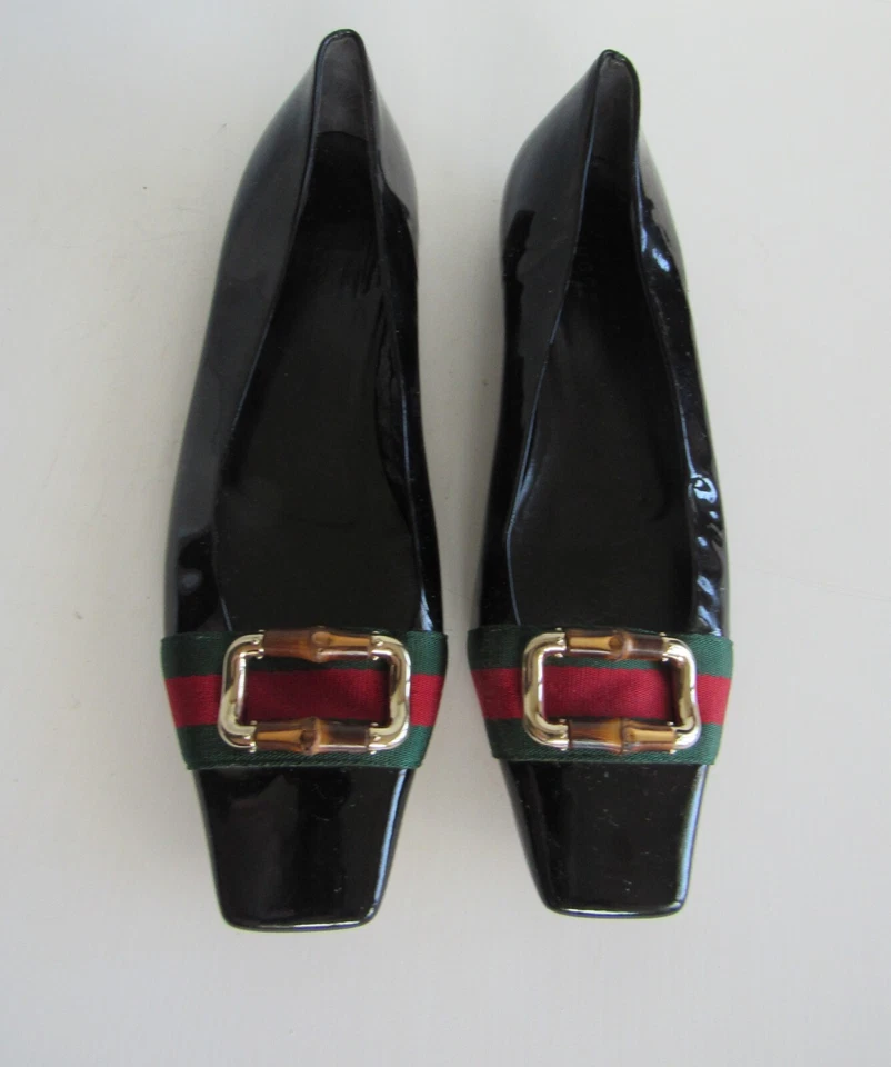 Gucci Vintage Mujer Negro Charol Web Rayas Pisos Talla 9.5 US-40 UE Foto 1 de 4