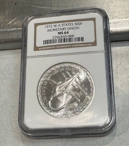 1972 WEST AFRICAN STATES SILVER 500 FRANCS MONETARY UNION NGC MS 64 - Picture 1 of 2