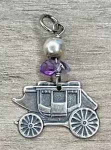 Wells Fargo Covered Wagon Pewter Stagecoach & Sterling 925 Bead Amethyst Pendant - Picture 1 of 7