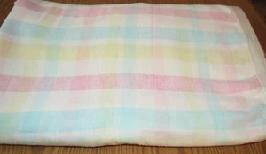 Vintage Lightweight Pastel Checked Flannel Blanket w Satin Trim 78" x 78" - Picture 1 of 11