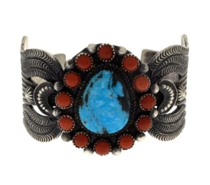 Pulsera Kingman Turquesa Con Coral Rodeada Por Artista Navajo Kevin Billah - Imagen 1 de 5
