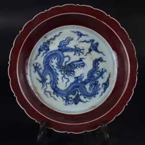 Bel piatto drago porcellana blu e bianca dipinto a mano arte da collezione - Foto 1 di 6