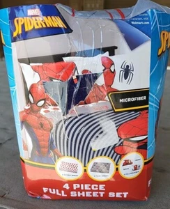 Marvel SPIDER-MAN 4pc Full Sheet Set EUC 1 Fitted, 1 Flat Sheet & 2 Pillowcases - Picture 1 of 2