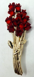 Vintage Figural Gold Tone Red Enamel Roses Flower Bouquet Brooch Signed Box - Picture 1 of 5