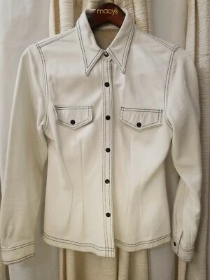 De Colección Años 80 Glamrock 2 Bolsillos Cuero Blanco Cuello Chaqueta Azul Costuras por Swann  Foto 1 de 4