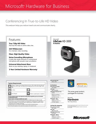 Microsoft LifeCam HD-3000 USB 2.0 1280x720 Webcam + Mikrofon Skype zertifiziert - Bild 1 von 3