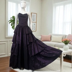 Laura Ashley 80s Corset Gown Purple Black Stripes Ruffle Baroque Gothic Romance - Picture 1 of 20
