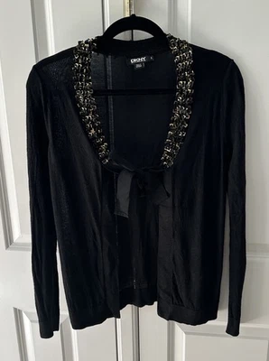 DKNY Cinta Corbata Frontal - Lentejuelas Negras y Doradas Recortadas - Suéter 100% Seda - S Pequeño Foto 1 de 4