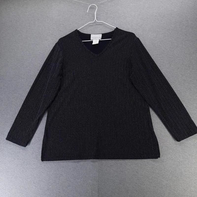 Camisa Susan Graver Mujer Mediana Negra Cuello en V Metálica Rayas Hecha en EE. UU. Foto 1 de 4