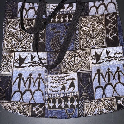 Vtg Hawaiian Tribal Print Tote Bag Blue/Brown w/Orange Leatherette Inside 17” W - Image 1 of 4