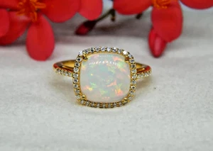 14k Gold Finish Silver Cushion Natural Fire Opal & Zircon Accents Cocktail Ring - Picture 1 of 7