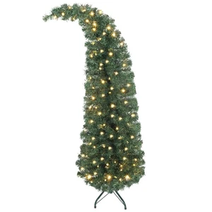 HOMCOM 5 Fuß gebogene Spitze Weihnachtsbaum beleuchtet schmale Tanne 100 LED Metallständer grün - Bild 1 von 11