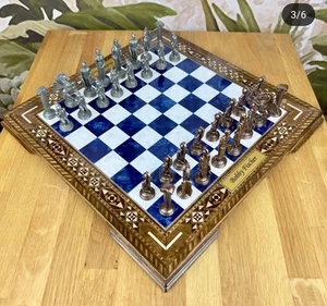 Chess Set Middle Antique Mythology Chessmen Handmade Inlaid Solid Chess Board - Picture 1 of 6