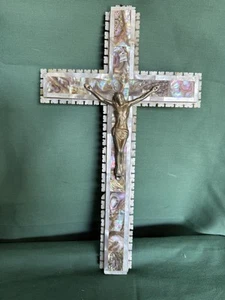 Wall Cross Crucifix  Mother of Pearl Olive Wood Handmade inJerusalem Holy land - Picture 1 of 8