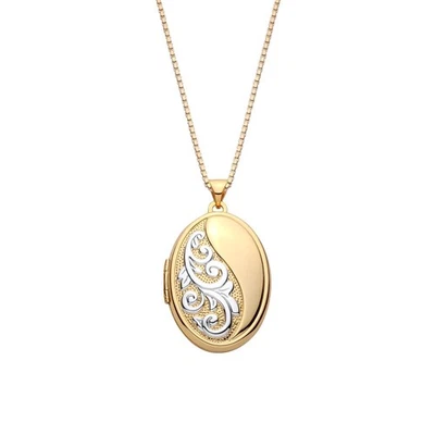 9ct Gold on Silver Half Patterned Oval Photo Locket Pendant & Chain - Image 1 of 4