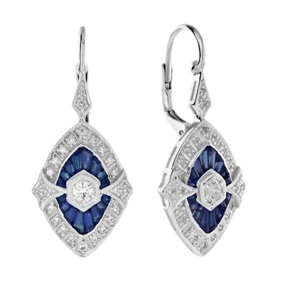 18K White Gold Diamond and Sapphire Marquise Shape Drop Earrings - Image 1 of 4