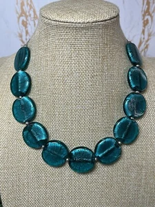 Statement Turquoise Green Glass Flat Round Bead Chain Strung Collar Necklace 237 - Picture 1 of 11