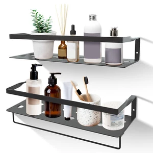 2 Pack Wall Mounted Floating Shelves With Towel Bar Storage Organizer Bedroom - Picture 1 of 18