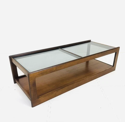 Mid Century Modern MCM Vintage Smoke Glass Walnut Finish Long Coffee Table - 53” Cover