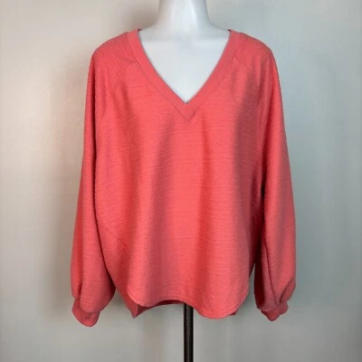 Lucky Brand Sweatshirt Medium Coral Pink Fleece V-Neck Relaxed Fit Pullover - Image 1 of 4
