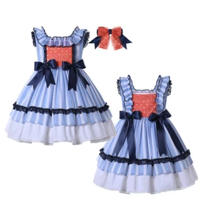 Ropa Niñas Edad 2-12 para Primavera Verano con Diadema Encaje Rayas Vestido Español - Imagen 1 de 12