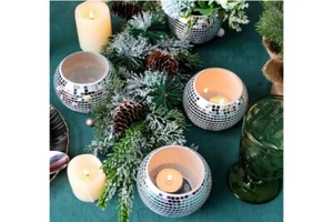 NEW Shiny Silver Disco Ball Decorative Tealight Candleholders Set of Two 3.25x4" - Picture 1 of 4