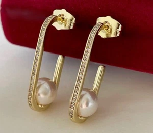 Luxus Perlen Ohrringe Ohrstecker 585er Gold 14K vergoldet Gelbgold 23 mm Damen - Bild 1 von 7