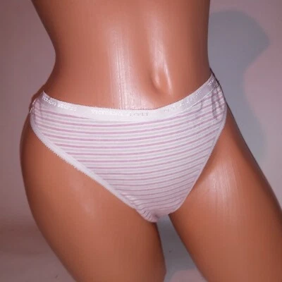 Victoria Secret Panty Tanga Grande Crema Rosa Dorado Rayas Firma Logo Borde Nuevo Foto 1 de 4
