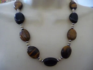 CHAPS SIGNED BROWN STRIP & BLACK STONES BEADS  COLLAR NECKLACE #23/27A - Picture 1 of 8