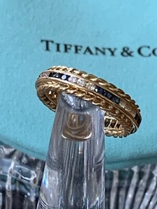 Tiffany & Co 18K Gold Diamond Blue Sapphire Channel Rope Ring Band .81 TCW Rare - Picture 1 of 13