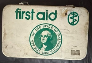 Vtg First Aid Box Metal State Of Washington Seal Cream/green Box Only Rustic - Picture 1 of 10