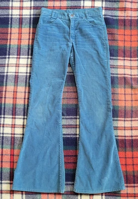 Pantalones de jean vintage años 70 LEVIS 784 1513 verde azulado pana blanco pestaña campana parte inferior 28x32 Foto 1 de 4