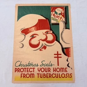 1936 Weihnachtssiegel Original 19x26" Weihnachtsmann Tuberkulose Poster auf Leinen - Bild 1 von 6